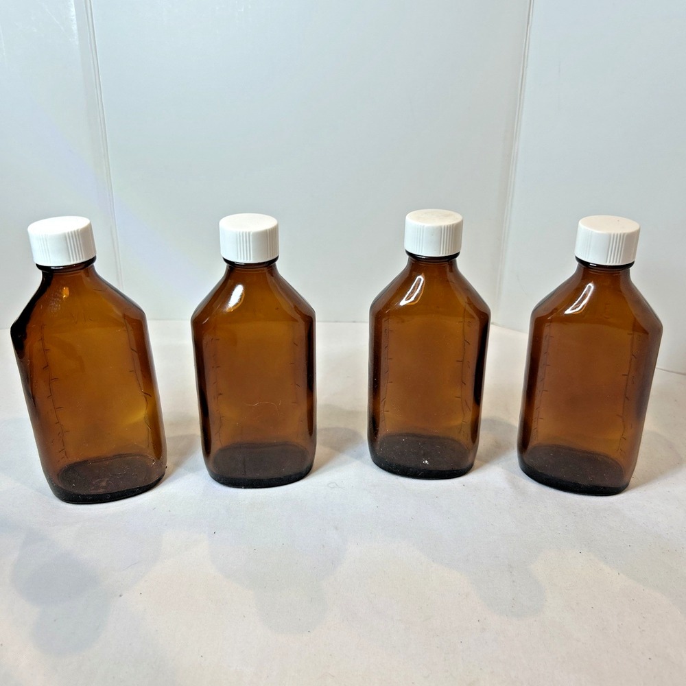 Set of 4 Vtg Rafa Amber Flat Glass Bottles‎ Lids 3.5oz Owen's-Illinois Glass Co